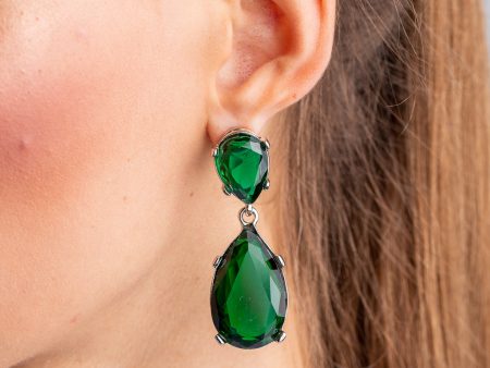 Emerald and Silver Teardrop Pierced or Clip Earrings Online now