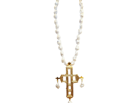 Vintage Baroque Pearl Gold Cross Necklace Discount