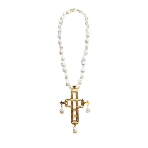 Vintage Baroque Pearl Gold Cross Necklace Discount