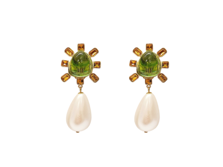 Topaz and Peridot Cabochon Center Pearl Drop Clip Earring Discount