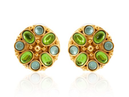 Aqua & Peridot Gold Button Clip Earrings Fashion