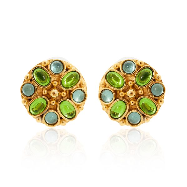 Aqua & Peridot Gold Button Clip Earrings Fashion