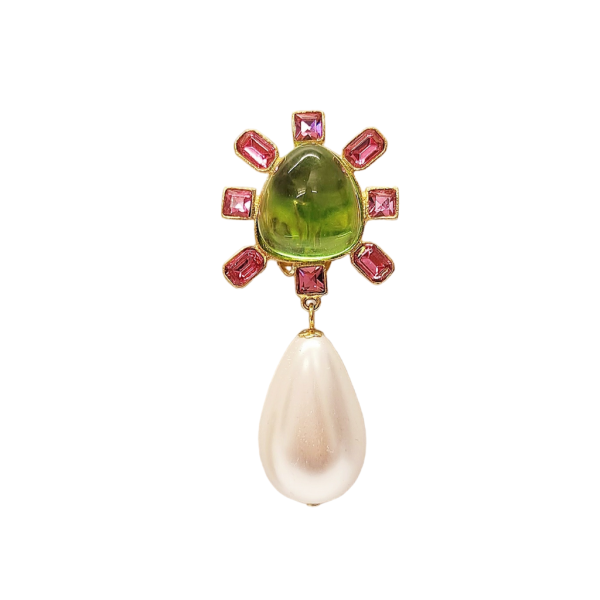 Pink and Peridot Cabochon Center Pearl Drop Clip Earring For Cheap