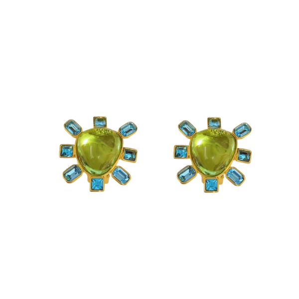 Aqua and Peridot Cabochon Center Clip Earring Sale