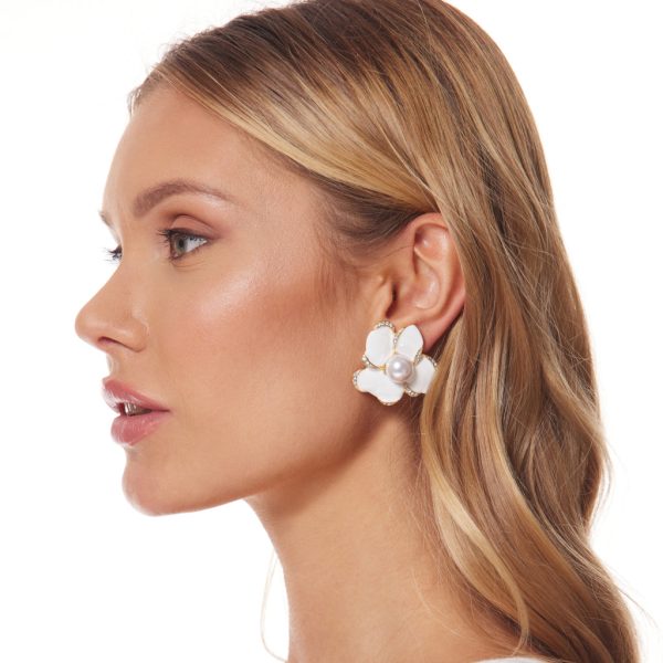 White Enamel Flower Clip Earrings Sale