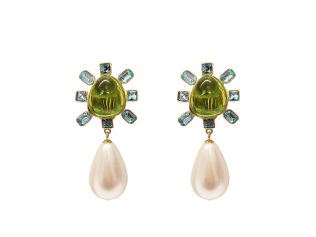 Aqua and Peridot Cabochon Center Pearl Drop Clip Earring Online Sale