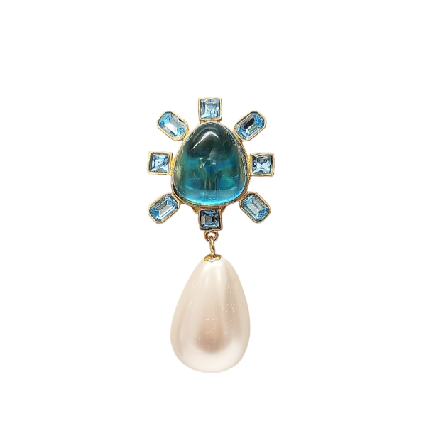 Aqua and Aqua Cabochon Center Pearl Drop Clip Earring Supply