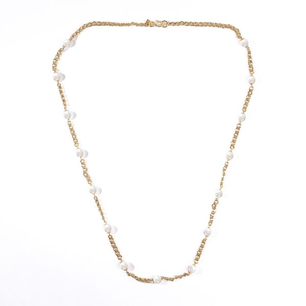 Gold Chain with Pearl Stations Necklace For Sale