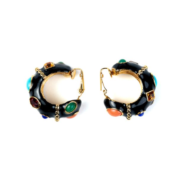 Black & Multicolored Gemstone Hoop Clip Earrings Online Hot Sale