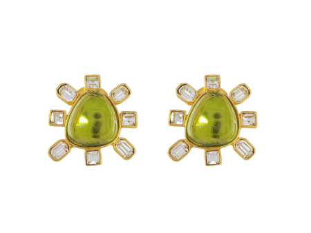 Clear Crystal and Peridot Cabochon Center Clip Earring Hot on Sale