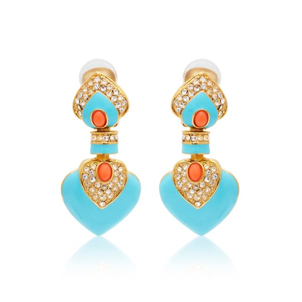 Turquoise & Coral Heart Drop Clip Earrings on Sale