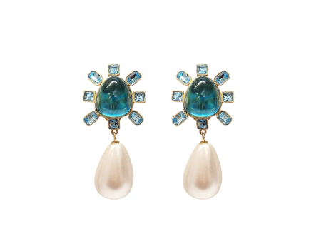 Aqua and Aqua Cabochon Center Pearl Drop Clip Earring Supply