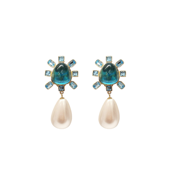 Aqua and Aqua Cabochon Center Pearl Drop Clip Earring Supply