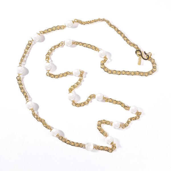 Gold Chain with Pearl Stations Necklace For Sale