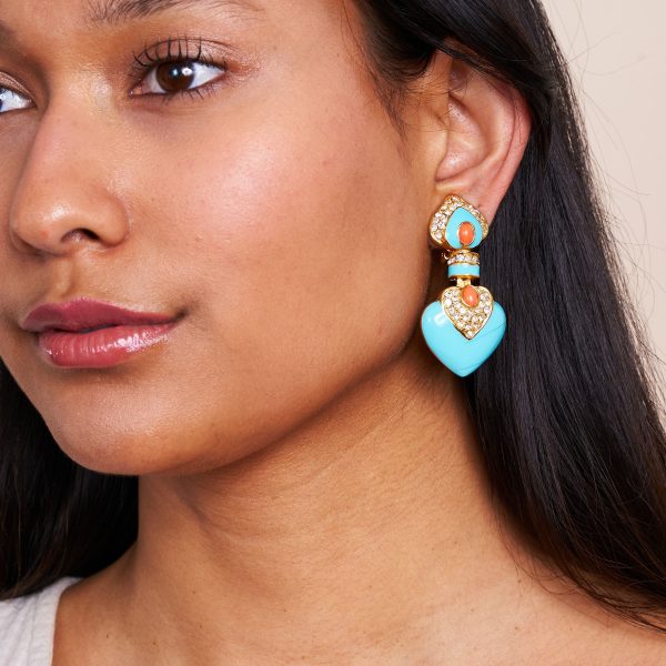 Turquoise & Coral Heart Drop Clip Earrings on Sale