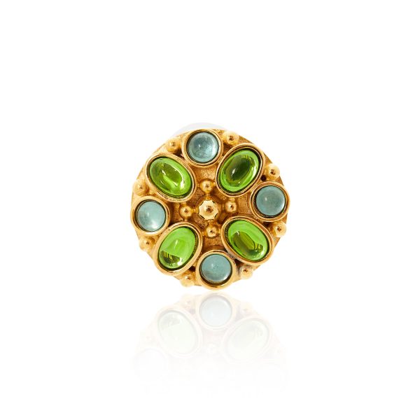 Aqua & Peridot Gold Button Clip Earrings Fashion