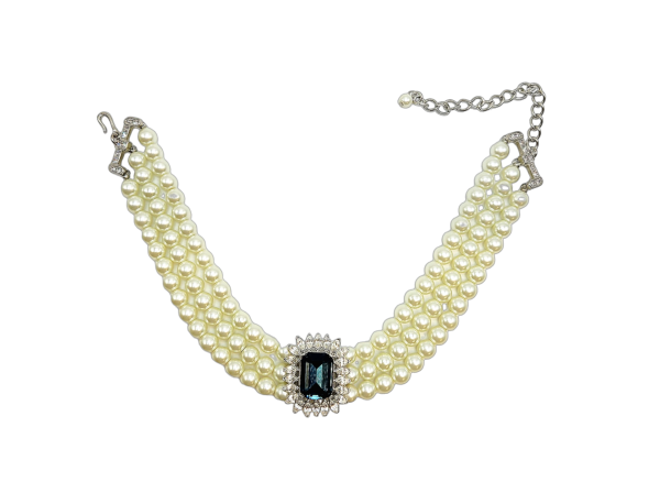 3 Row Pearl Choker With Sapphire and Crystal Center Hot on Sale