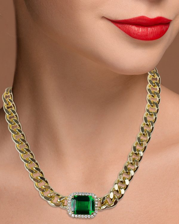 Emerald & Cubic Zirconia Chunky Chain Necklace Fashion