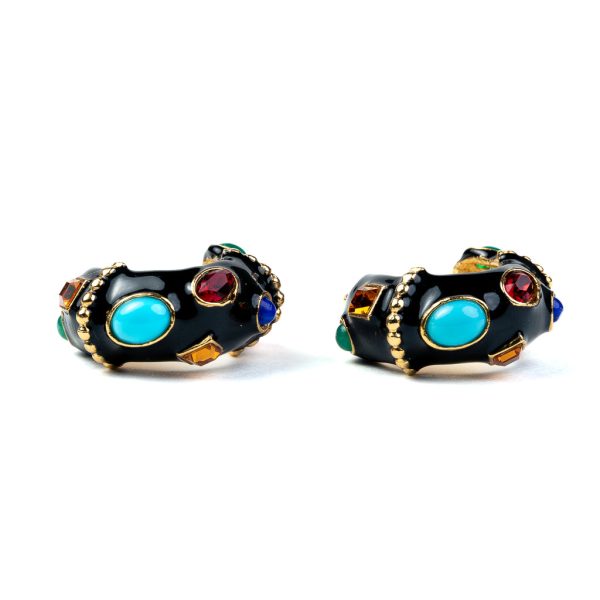 Black & Multicolored Gemstone Hoop Clip Earrings Online Hot Sale