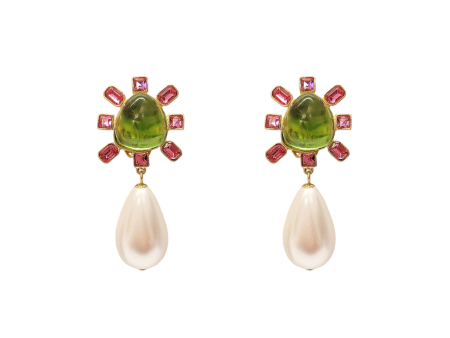 Pink and Peridot Cabochon Center Pearl Drop Clip Earring For Cheap