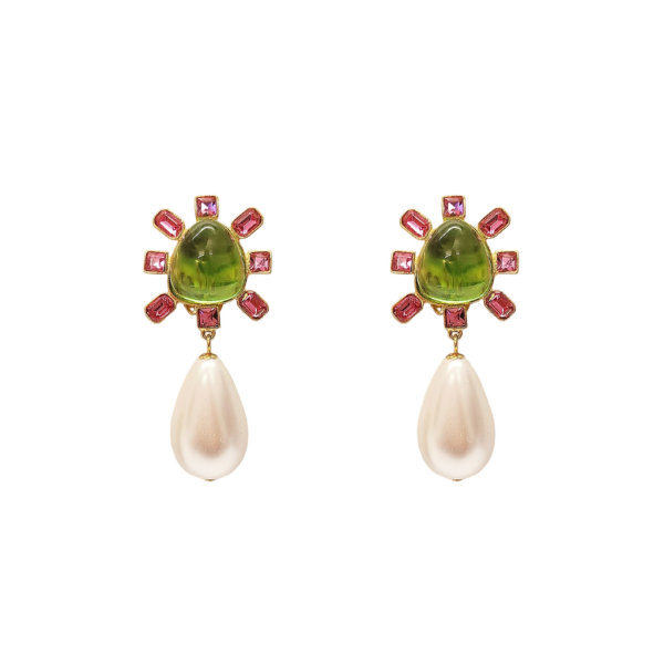 Pink and Peridot Cabochon Center Pearl Drop Clip Earring For Cheap