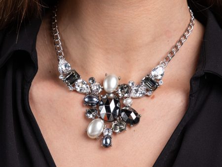 Vintage Hematite, Smokey and Clear Faceted Stones, and Pearl Pendant Necklace Online Sale