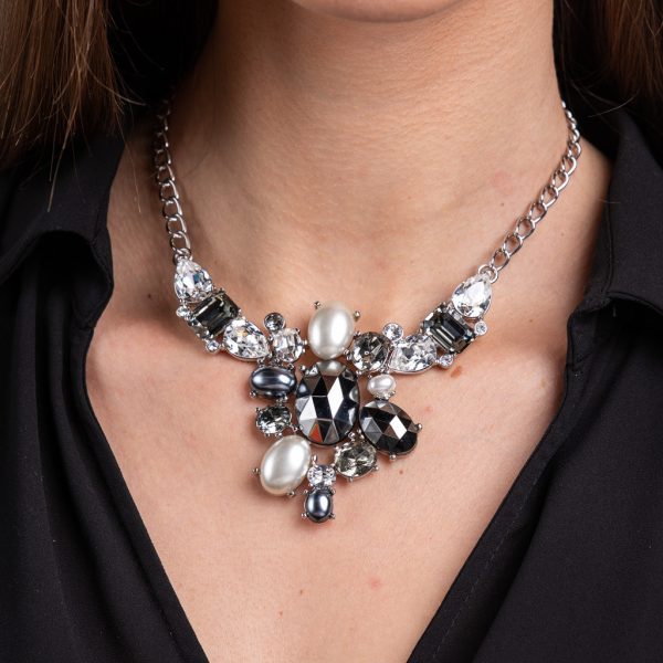 Vintage Hematite, Smokey and Clear Faceted Stones, and Pearl Pendant Necklace Online Sale