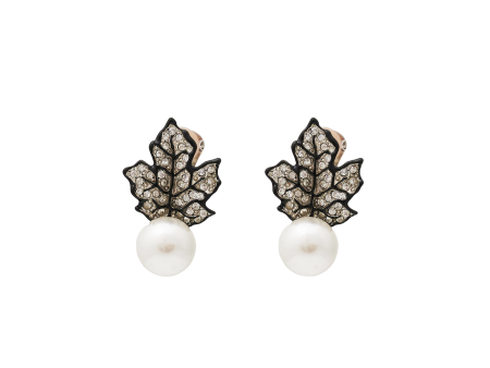 Black Crystal and Pearl Leaf Clip Earring For Sale