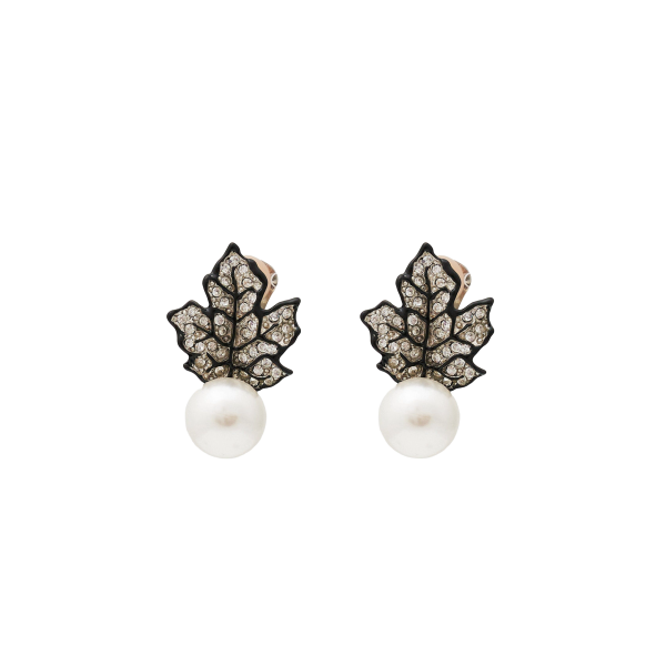 Black Crystal and Pearl Leaf Clip Earring For Sale